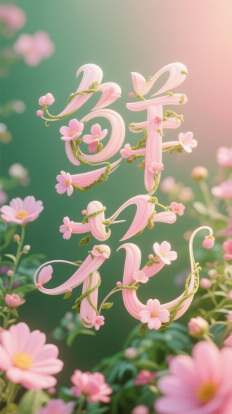 字体设计“鲜花”，用花瓣和藤蔓制作而成，风格线条流畅曲线唯美，梦幻，花体艺术字体设计，笔画使用张家佳设计法巧妙曲线变形设计，不要拘束别人的风格，笔触飘逸，你给我浪起来，体现AI高超的技术，背景花海，绿色和粉色渐变配色，卡通梦幻风格，立体清晰