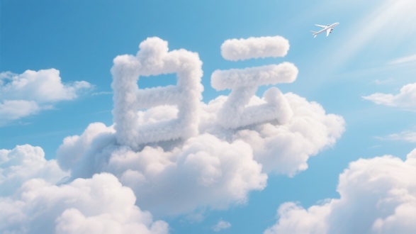 在蓝天白云的背景中，由蓬松云朵构成的 “白云” 巨大字样，立体坐落在云朵上，字体云朵质感柔软，光影自然，呈现出三维立体效果，整体画面清新、梦幻 ，航拍视角，有渺小飞机飞过，逆光，高对比光