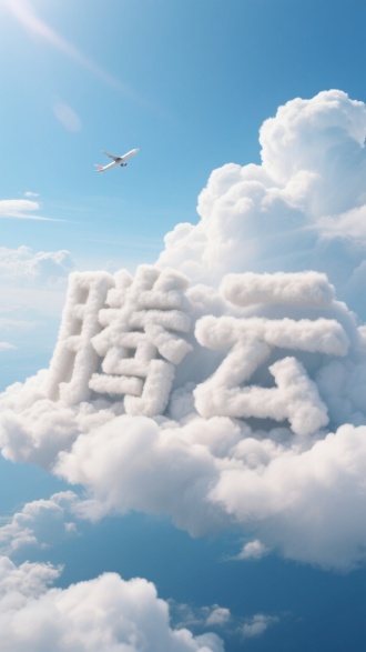 在蓝天白云的背景中，由蓬松云朵构成的 “腾云” 巨大字样，立体坐落在云朵上，字体云朵质感柔软，光影自然，呈现出三维立体效果，整体画面清新、梦幻 ，航拍视角，有渺小飞机飞过，逆光，高对比光