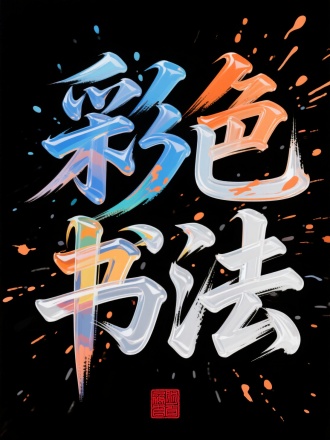 以黑色为背景，用蓝、橙、白等色彩的笔触，以富有动感和活力的现代艺术风格书写 “彩色书法” 四个大字，笔触间有墨点飞溅效果，字体半透明玻璃材质，营造出强烈的视觉冲击感。底部有红色印章样式元素