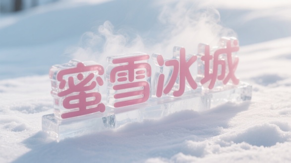 用冰制作而成的字体“蜜雪冰城”字样，立体摆放在平面，卡通立体字体，字体有厚度，字体颜色半透明，摄影拍摄，逆光，柔光，明亮清晰，字体通透立体，冒冰雾，背景白色雪地
