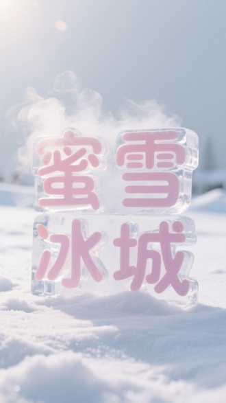 用冰制作而成的字体“蜜雪冰城”字样，立体摆放在平面，卡通立体字体，字体有厚度，字体颜色半透明，摄影拍摄，逆光，柔光，明亮清晰，字体通透立体，冒冰雾，背景白色雪地