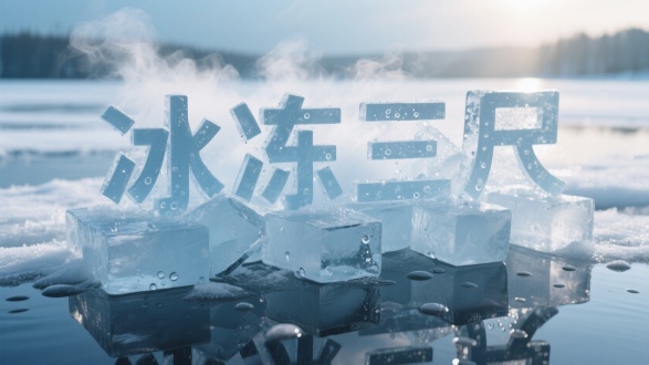 以冰为材质构建立体字样“冰冻三尺”，冰形状不规则，冒少量冰雾，表面和内部布满气泡，呈现出自然的冰冻质感。冰块相互堆叠交错，底部有水滴与倒影，营造出冷冽、晶莹的视觉效果。背景结冰湖面，打逆光，通透质感