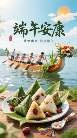 广告海报，主标题“端午安康”大字，副标题“粽情山水悦享端午”毛笔字体，画面中心是一盘摆放精致的粽子，有传统的三角粽、枕头粽等，粽叶翠绿，糯米饱满，表面点缀着红枣、豆沙等馅料。旁边放着一把系着五彩绳的粽叶形状小勺。背景是波光粼粼的水面，龙舟竞渡，龙舟上的人奋力划桨，船头装饰着龙头，船尾挂着菖蒲和艾草。天空中飘着几朵祥云，太阳散发着柔和光芒。整体画面色彩鲜艳，充满节日氛围