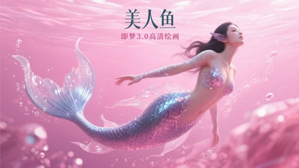 海报设计，主标题“美人鱼”副标题“即梦3.0高清绘画”一个身材很好的美人鱼，有汉族人的面容，身上有晶莹剔透的鳞片，较大的尾巴上闪着晶莹的水珠，全身肖像，在粉红色的梦幻海域，全身仰视图，柔光灯，有冷艳的氛围，撞色风格，8k，超清细节，质感逼真