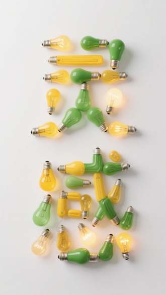 多种灯泡被巧妙地排列成两个汉字“灵感”的形状灯泡，有的黄和绿色，灯泡的排列形成了一种视觉上的创意效果，立体，有的亮，有的不亮，白色背景