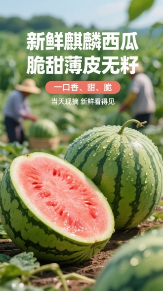 一张充满活力和诱人的西瓜海报。带水珠，西瓜看起来新鲜多汁，两个西瓜，一个西瓜是切开的，光泽的外观表明它们刚刚采摘。背景是模糊西瓜园和工人，增强了西瓜的新鲜感。海报包括主标题“新鲜麒麟西瓜 脆甜薄皮无籽”和副标题“一口香、甜、脆”标签标题“当天现摘 新鲜看得见”创意文案居中对齐排版
