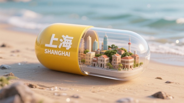 一个胶囊形状的创意微缩场景，胶囊横放着，胶囊一半为黄色，印有 白色的字“上海” 和英文 “SHANGHAI”，另一半透明，展示上海城市真实的特色建筑缩影鼓浪屿，要包含在胶囊里面，不要超出，背景为海滩，整体风格3D渲染，具有梦幻感，使用 3D 建模软件如Blender或C4D制作，材质设置上注重光泽感，打光营造出柔和氛围，超详细，高清，HDR，电影般的构图，强调梦幻和未来感的美学，真实的纹理和光线增强了城市景观的真实性