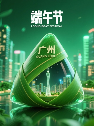 以广州为主题，结合端午节元素，生成一张创意图片。画面中心是一个透明的粽子造型，粽叶为绿色，上面印有“广州”和“GUANG ZHOU”字样，粽叶包内部是夜色广州塔的微缩景观，半漏出微缩景观，不要超出粽子。广州夜色为背城市景观，背景是绿色调，营造出清新自然的氛围，图片上方有“端午节”“LOONG BOAT FESTIVAL”字样 。整体风格3D渲染，具有梦幻感，使用 3D 建模软件如Blender或C4D制作，材质设置上注重光泽感，打光营造出柔和氛围，超详细，高清，HDR，电影般的构图，强调梦幻和未来感的美学，真实的纹理和光线增强了城市景观的真实性。
