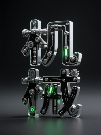 以工业机械美学为风格，创作一个机械装置字体“机械”。字体主体内部是由多个关节、机械器件以及几个绿色发光器构成的复杂机械结构，机械主体部分为光滑黑色，连接部件和细节处为银灰色金属质感，展现精密的机械构造，如齿轮、螺丝、线路等；数字主体外表面为玻璃。背景为黑色纯色，简洁干净，营造现代科技感与工业风氛围。画面采用正面视角，柔和的全局光照