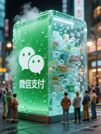 一个高度精细写实的微信logo和“微信支付”，左半部分完全密封，绿色和透明色的混合配色，绿色画有微信的品牌标志，表层有冷凝的水珠和水汽，右半部分透明，里面填满了流动的电商货品，丰富的气泡，呈现冰爽的感觉，整体直立在繁华的街道，有微缩的七八个观众围在周围，正在向里面观看，细节极致丰富，氛围凉爽 - 电影灯光、微型规模、C4D渲染，超细节，大师作品。