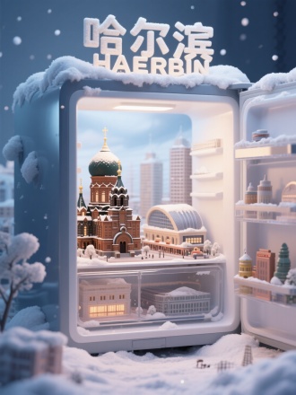 一个冰箱里的创意微缩场景，家里冰箱冷冻层装着一座哈尔滨城市，里面有哈尔滨的特色建筑圣索菲亚教堂、哈尔滨火车站、中央大街、哈尔滨大剧院和城市景观，冰箱的周围还有堆积的雪霜，顶部的雪霜组成了文字“哈尔滨” 和英文 “HAERBIN”，整体风格3D渲染，具有梦幻感，使用 3D 建模软件如Blender或C4D制作，材质设置上注重光泽感，打光营造出柔和氛围，超详细，高清，HDR，电影般的构图，强调梦幻和未来感的美学，真实的纹理和光线增强了城市景观的真实性。