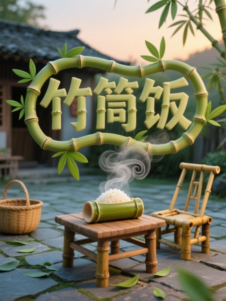 “竹筒饭”为竹子制作而成的立体卡通字体，字体材质为逼真竹子和细节纹理，字外框呈竹子和竹叶连贯弯曲形态并镂空，新鲜竹叶，黄昏，桌上放着冒半透明热雾气的竹筒米饭，半透明热雾气用卷曲线条表示，背景为青石板地面的农家小院，有竹篮、木桌，桌上放竹筒饭，一个椅子，周围散落竹叶。
