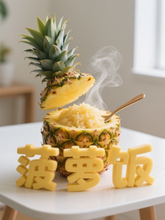 菠萝饭创意海报，"菠萝饭”立体卡通字体，字体由菠萝制作而成，桌子上摆放一个竖立横切开的菠萝，带叶菠萝为盖子，半打开，里面装有金黄色饭，冒热气，勺子放菠萝里，干净室内背景，明亮，特写摄影