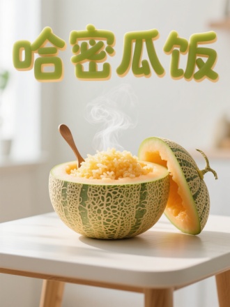 哈密瓜饭创意海报，"哈密瓜饭”立体卡通字体，字体由哈密瓜制作而成，桌子上摆放一个横切开的哈密瓜，一边为掏空盖子，半打开，里面装有金黄色饭，冒热气，勺子放哈密瓜里，干净室内背景，明亮，特写摄影
