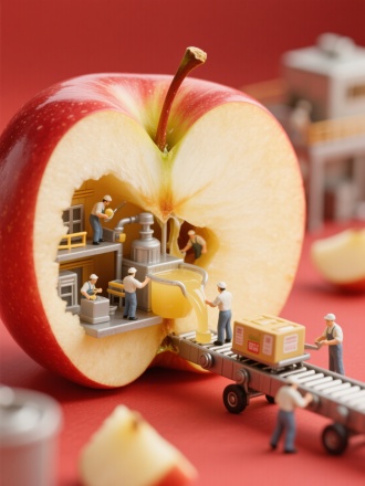 一个红色苹果被切成两半，苹果的一半里设置了微缩工厂，工厂里的工人正在采切淡黄色的苹果肉以及榨汁，苹果大切口部分连接着一条传送带正在把苹果汁打包装往外运输，红色背景上有忙碌的工作场景，旁边有微缩的工人。微型风景摄影、微型场景、立体模型风格，柔和的淡黄色配色，3D渲染。整张照片具有很强的透视感，细节和纹理很多，营造出整体温暖的氛围。高分辨率、高质量和高细节，高清摄影！