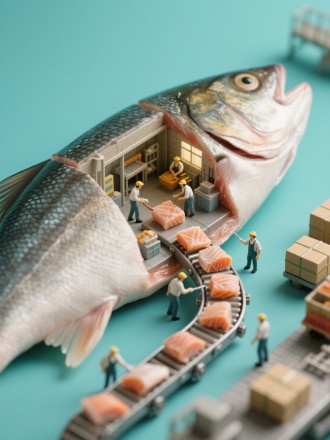 一条大鱼被切成两半，大鱼的一半里设置了微缩工厂，工厂里的工人正在采切鱼块，大鱼切口部分连接着一条传送带正在把鱼块打包装往外运输，青蓝色背景上有忙碌的工作场景，旁边有微缩的工人。微型风景摄影、微型场景、立体模型风格，柔和的青绿色配色，3D渲染。整张照片具有很强的透视感，细节和纹理很多，营造出整体温暖的氛围。高分辨率、高质量和高细节，高清摄影！