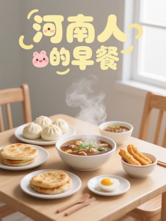 桌子上的河南美食，胡辣汤，煎包，包子，油饼，鸡蛋，油条，用盘子和碗装，冒热气，画面上写着浅黄色“河南人的早餐”，可爱字体，可爱元素装饰，简约，背景极简，窗户光，创造力，想象力，充满活力的画面，UE5渲染，清晰，明亮