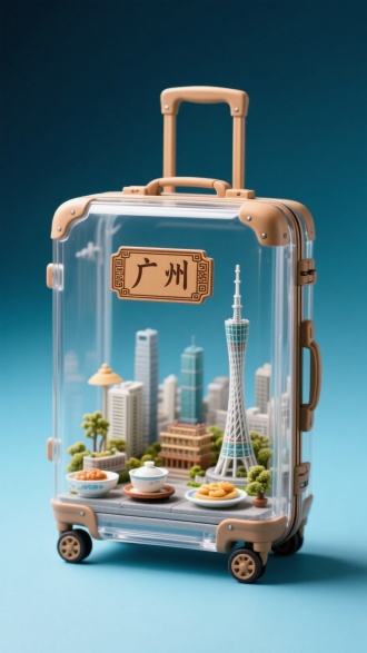 一个全透明玻璃立式行李箱内的微缩世界，上面古风褐色标签写着‘广州’，行李箱内部是[广州城市微缩景观]。行李箱置于[城市青蓝色]的渐变背景上，采用[中远视角拍摄]，微缩场景中还点缀着[广州塔和早茶文化美食]。