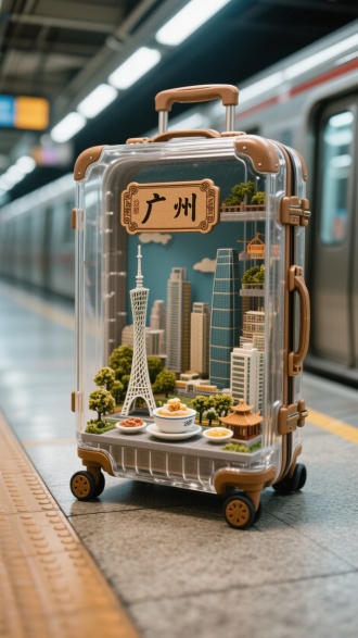 一个全透明玻璃立式行李箱内的微缩世界，上面古风褐色标签写着‘广州’，行李箱内部是[广州城市微缩景观]。行李箱置于地铁站，采用[半俯拍视角拍摄]，微缩场景中还点缀着[广州塔和早茶文化美食]。