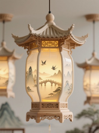 一组精美的国风山水古亭香薰吊灯设计图，展现了传统美学与现代工艺的融合。香薰灯主体采用浅米色调，顶部为潮州古建筑造型，檐顶饰是潮州古建筑特色，增添精致感。灯罩透明，内置潮州广济桥，飞鸟，潮州山峦元素，暖黄色灯光透出，营造出宁静悠远的氛围。底面为潮州木雕工艺，造型流畅。灯盖顶为潮州木雕，整体设计细腻，将古亭的典雅与山水的灵韵巧妙结合，传递出浓厚的国风韵味，适用于家居装饰，体现“一灯一世界”的意境