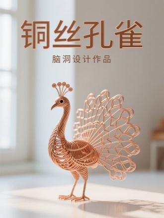 标题“铜丝孔雀”，副标题“脑洞设计作品”，字体居中排版，卡通立体字体，用铜丝极简抽象绕出个孔雀站立开屏的轮廓，精致，立体镂空，极简，清晰摄影，明亮室内背景