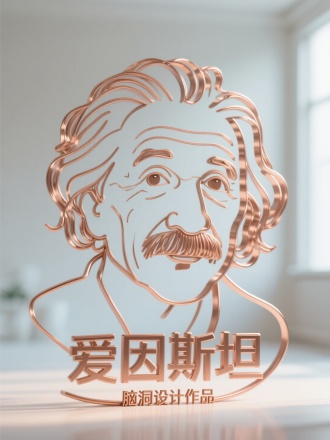 标题“爱因斯坦”，副标题“脑洞设计作品”，字体居中排版，卡通立体字体，用铜丝极简抽象绕出个爱因斯坦的轮廓，精致，立体镂空，极简，清晰摄影，明亮室内背景