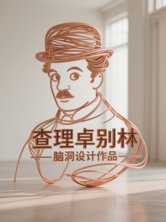 标题“查理卓别林”，副标题“脑洞设计作品”，字体居中排版，卡通立体字体，用铜丝极简抽象绕出个查理卓别林的轮廓，一次成形，精致，立体镂空，极简，清晰摄影，明亮室内背景
