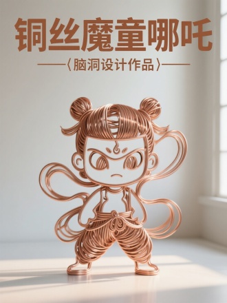 标题“铜丝魔童哪吒”，副标题“脑洞设计作品”，字体居中排版，卡通立体字体，用铜丝极简抽象绕出个魔童哪吒轮廓，一次成形，精致，立体镂空，极简，清晰摄影，明亮室内背景
