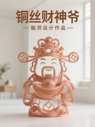 标题“铜丝财神爷”，副标题“脑洞设计作品”，字体居中排版，卡通立体字体，用铜丝极简抽象绕出个财神爷，一次成形，精致，立体镂空，极简，清晰摄影，明亮室内背景