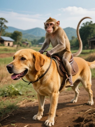 一只猴子骑大黄狗，背景农村，超现实风格，摄影