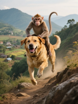 一只猴子骑大黄狗奔跑，向山上走，背景农村，超现实风格，摄影
