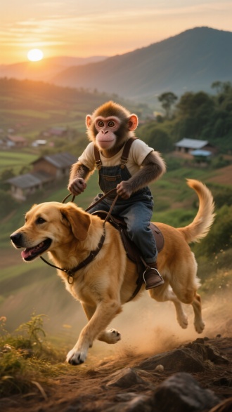 一只猴子骑大黄狗奔跑，猴子穿背带裤，向山上走，背景农村，超现实风格，摄影，夕阳