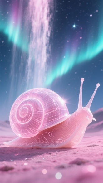 神兽，一只粉色的巨大半透明大蜗牛在蠕动，透光，蜗牛壳科技线条纹理，蜗牛肉半透明自发光，晶莹剔透，科技线条，浅粉色到青色渐变极光星辰场景，粉色极光星辰地面，天空极光瀑布，逆光，明亮清晰，单反相机摄影，低视角，电影风格，超现实风格，8K画质