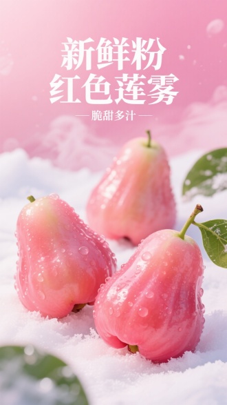 海报设计，主标题“新鲜粉红色莲雾”，副标题“脆甜多汁”，三个粉红色渐变半透明莲雾水果，带水珠，果冻质感，带绿叶，新鲜，透光，晶莹剔透，背景粉色雪地，冒冰雾，特写摄影