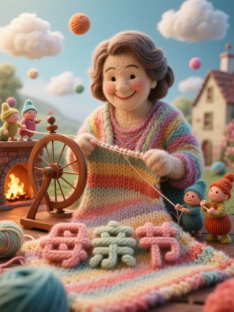 一群小人国毛线精灵在旋转纺车前编织母亲画像，羊毛纤维缠绕出柔和轮廓，彩色毛线勾勒弯弯笑眼，壁炉火光映在织毯上，毛线纹路间浮现“母亲节”的立体字样，，虚化背景里飘着毛线球云朵的针织小镇，超高清画质让每根纤维都透着绒软质感
