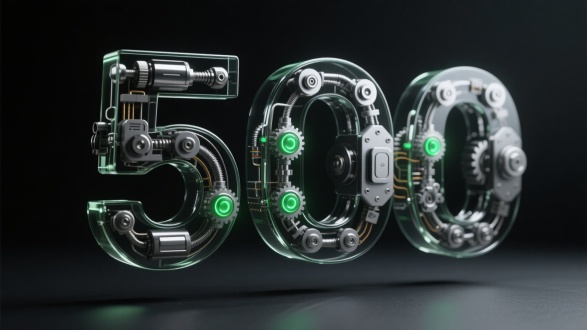 以工业机械美学为风格，创作一个机械装置字体“500”。字体主体内部是由多个关节、机械器件以及几个绿色发光器构成的复杂机械结构，机械主体部分为光滑黑色，连接部件和细节处为银灰色金属质感，展现精密的机械构造，如齿轮、螺丝、线路等；数字主体外表面为玻璃。浮空构图，背景为纯黑色，简洁干净，营造现代科技感与工业风氛围。画面采用正面视角，柔和的全局光照，逆光，细节清晰，透光