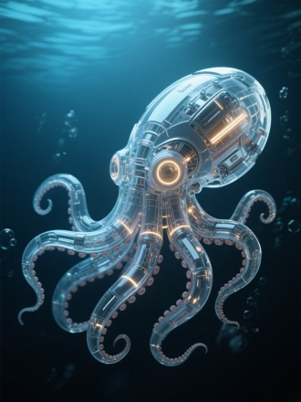 章鱼，透明机械结构组成，精密结构，未来科技，内部发光，透光，深色海底干净背景，画面简洁，3D建模，C4D，octane渲染，8K，