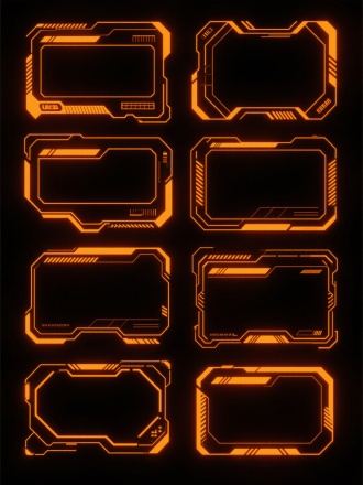 一组科幻科技未来赛博朋克HUD游戏边框弹窗，线条发光，黑色背景，橙色
