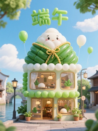 3D迷你风格，巨型粽子造型主题店铺，粽体由竹叶绿和糯米白气球构成，经典粽叶纹理以深绿气球浮雕装饰，气球粽绳绑带和金色丝线边框，细节细腻，气球建筑共两层，透明气球窗户展示温馨内部：气球糯米团、艾叶气球吊灯。店铺周围是江南水乡地标，街道上有街灯、植物盆栽，蓝天白云，卡通粽子气球，顶部悬浮着“端午”气球立体字，绿色和白色气球字母，轻盈飘动。