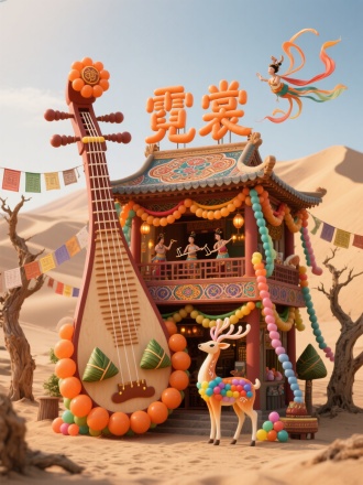 3D迷你风格，巨型箜篌造型粽子店铺，琴身由敦煌赭和飞天橙气球构成，藻井花纹以渐变气球镶嵌，气球琵琶弦束和彩幡飘带边框，华丽神秘。两层楼阁内，飘带缠绕的气球粽子在反弹琵琶，九色鹿气球灯影婆娑。矗立鸣沙山前，胡杨木间悬挂经幡，伎乐天粽子气球奏乐盘旋，顶端"霓裳"篆书气球字随大漠风沙起舞。