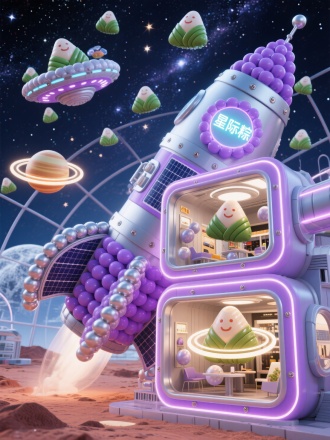3D迷你风格，巨型火箭造型粽子店铺，箭体由银河紫和月光白银气球构成，星环纹路由反光气球拼贴，气球太阳能板束带和铆钉拼接边框，科技感爆棚。两层太空舱内，悬浮着球形粽子，行星环气球灯缓缓旋转。着陆在火星基地，透明穹顶外是璀璨星河，UFO粽子气球编队掠过，顶部"星际粽"发光气球字在失重状态下自由翻转。
