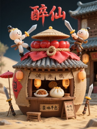 3D迷你风格，巨型酒坛造型包子店铺，坛体由陶土棕和粗麻布气球构成，酒封红纸用毛边气球裁剪，麻绳捆扎和斗笠屋檐边框，侠气逼人。双层酒坛内，透过油纸气球窗可见：豪迈牛肉包、灯笼气球映照木质价牌。摆在龙门客栈前，黄沙中插着刀剑伞架，侠客造型包子气球比武过招，顶端"醉仙"狂草气球字随风猎猎。