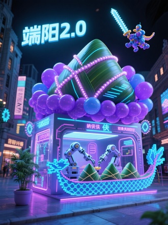 3D迷你风格，巨型全息投影粽造型店铺，粽体由霓虹紫和电子蓝气球构成，数据流纹路通过LED气球灯带显现，光纤粽绳和机械齿轮边框科技感十足。双层透明舱体内，机械臂正在组装纳米粽子，全息龙舟气球赛道悬浮。矗立在外滩数字街区，电子艾草盆栽散发蓝光，像素风粽侠气球御剑飞行，顶端"端阳2.0"赛博篆体气球字闪烁不定。