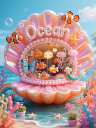 3D迷你风格，巨型贝壳造型金鱼店铺，壳体由珠光粉和珊瑚橘气球构成，珍珠层纹理通过镭射气球折射，海星束带和气泡边框梦幻迷离。双层贝壳开启后，可见：蝴蝶尾金鱼群、水母气球吊灯幽幽发光。沉在童话海湾，彩虹珊瑚丛中散落海星盆栽，人鱼气球吹着泡泡，顶端"Ocean"珍珠气球字被小丑鱼环绕。