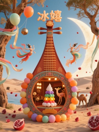 3D迷你风格，巨型琵琶造型店铺，琴身由敦煌赭和飞天橙气球构成，祥云纹以渐变色气球层叠，璎珞束带和藻井边框华美神秘。双层共鸣箱内，可见：驼奶雪糕塔，九色鹿气球灯投下光斑。悬于月牙泉上，胡杨木间飘着丝绸彩带，飞天气球撒落石榴籽，顶端"冰嬉"飞天体气球字伴沙铃起舞。