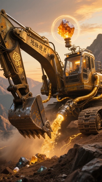 由古老铁杉与青铜合金铸造的挖掘臂，表面铭刻着发光的古老地脉符文，铲斗由压缩的岩晶构成。驾驶舱上方悬浮着琥珀色的矿石灯盏，每次挖掘都会激起一圈土元素光晕。机身攀附着发光的金脉藤，液压管喷出带着金沙的光雾，在作业时留下闪烁的矿物轨迹，引来山灵好奇的观望。源自地质传说的力量美学，上方镌刻"地脉使者"称号，夕阳下泛着温暖的金属光泽。