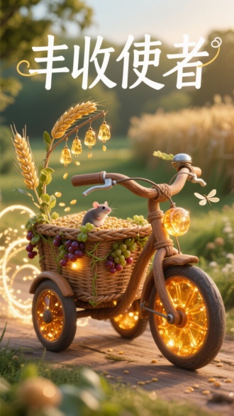 桃木三轮车，由香桃木与藤条编织的车架，缝隙间生长着会唱歌的发光浆果，车轮采用蜂蜜凝固的琥珀材质。车把上方悬挂着麦穗造型的琉璃风铃，每前进一米都会摇落金色的光之麦粒。货箱缠绕着发光的葡萄藤，行驶时在身后画出蜿蜒的光带，吸引着田鼠和蜻蜓的追逐。灵感来自农事歌谣的田园美学，上方题写"丰收使者"，沐浴在午后的慵懒阳光中。