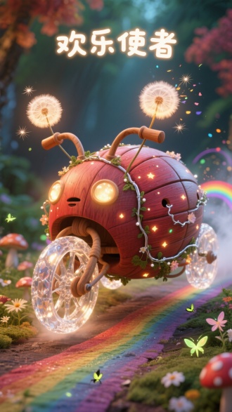 由红枫木雕刻的圆润车身，甲壳上点缀着会呼吸的星光斑点，车轮采用晨露凝结的透明水晶制成。车轮发光，悬浮在触角状车把上方的是一对蒲公英灯笼，每次移动都会洒落旋转的彩虹光尘。车身缠绕着发光的银丝藤蔓，排气孔呼出带着花香的光雾，在蘑菇小径上轻盈滑行，行走在彩虹上，吸引着萤火虫与花精灵的追逐。借鉴童话故事的自然美学，上方写着"欢乐使者"，在晨光中泛着温暖的光晕。