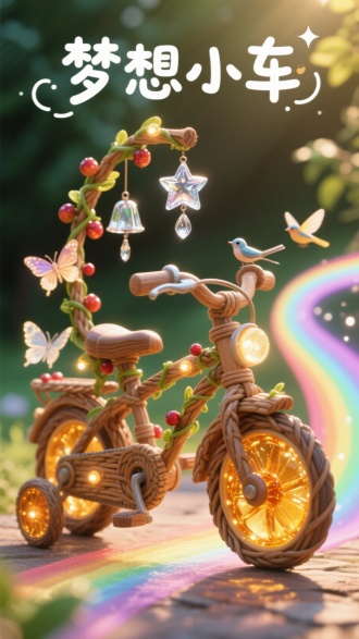 由香桃木与藤条编织的迷你车架，点缀着会唱歌的发光浆果，车轮采用蜂蜜凝固的琥珀材质。车把上方悬挂着星星造型的琉璃风铃，每前进一米都会洒落银色的梦想光点。车身缠绕着发光的蝴蝶藤，骑行时在身后画出蜿蜒的彩虹光带，吸引着蜻蜓与小鸟的追随。灵感来自儿童故事的梦幻美学，上方题写"梦想小车"之名，沐浴在午后的温暖阳光中。